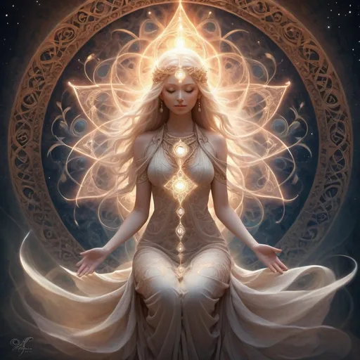 Prompt: Soft ethereal glow, celestial aura, serene spiritual atmosphere, gentle whispers of wind, divine guidance, intricate sacred symbols, harmonious balance of light and shadow, mystical incantation, intricate patterns, ethereal beings, spiritual journey depiction, symbolic elements, warm and comforting color palette, subtle and soothing lighting, digital art, intricate details, emotional depth, by fantasy artists on DeviantArt.