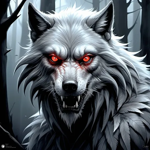 Prompt: Pale gray fur, fearsome werewolf, intense gaze, sharp fangs, menacing claws, mystical aura, dark and eerie forest backdrop, moonlit night, mysterious atmosphere, detailed fur texture, dramatic shadows, fantasy illustration, enchanting narrative feel, evocative storytelling, by Brom and Tony DiTerlizzi, Artstation. Red eyes. Feathersoft. Digital art. Smooth image, oil on canvas, acrylic art. 
