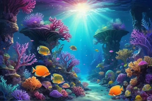 Prompt: Vibrant coral reef, mystical underwater kingdom, fantastical sea creatures, glowing corals, sunlight filtering through water, shimmering patterns, ocean floor, colorful fish, exotic marine life, ethereal ambiance, surreal underwater landscape, deep-sea fantasy, digital art, high detail, luminous lighting, rich color palette of blues, purples, and greens, by Escha van den Bogerd, ArtStation.