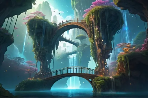 Prompt: Mystical floating islands, interconnected by intricate bridges, suspended in a sky filled with twinkling stars, unique magical plants and creatures, cascading waterfalls, ethereal atmosphere, surreal fantasy setting, vibrant colors of nature, digital art, detailed and immersive, dreamlike lighting, fantasy artist touch, ArtStation, high-resolution.