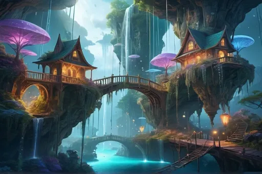 Prompt: Mystical floating islands, interconnected by intricate bridges, suspended in a sky filled with twinkling stars, unique magical plants and creatures, cascading waterfalls, ethereal atmosphere, surreal fantasy setting, vibrant colors of nature, digital art, detailed and immersive, dreamlike lighting, fantasy artist touch, ArtStation, high-resolution.