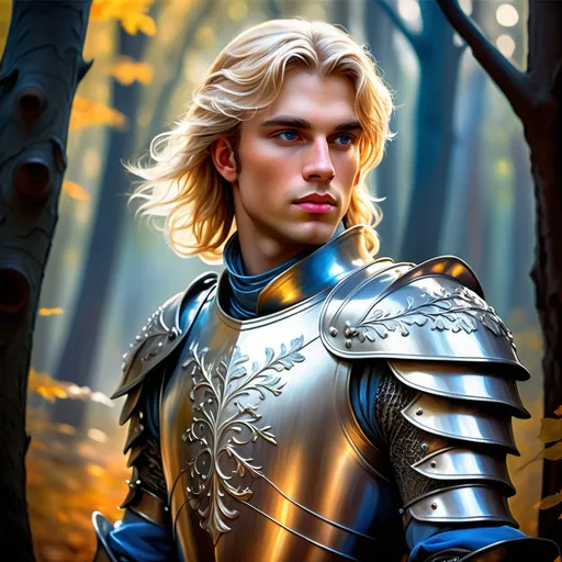 Prompt: (fantasy handsome prince), (silver armor), medieval attire, striking features, vibrant blond hair, piercing blue eyes, dynamic pose, ethereal mythical background, enchanting woodland, glowing light filtering through trees, detailed craftsmanship on armor, dramatic color contrasts, warm and cool tones, smooth brush strokes, (oil painting), ultra-detailed, captivating ambiance of bravery and nobility, masterpiece quality. Masculine, square jawline, strong jaw, manly. 