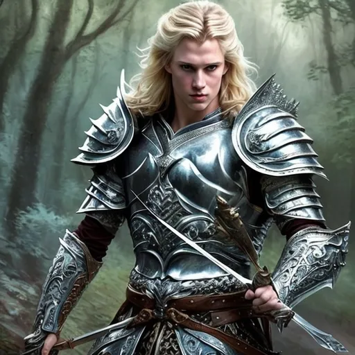 Prompt: (fantasy handsome prince), (silver armor), medieval attire, striking features, vibrant blond hair, piercing blue eyes, dynamic pose, ethereal mythical background, enchanting woodland, glowing light filtering through trees, detailed craftsmanship on armor, dramatic color contrasts, warm and cool tones, smooth brush strokes, (oil painting), ultra-detailed, captivating ambiance of bravery and nobility, masterpiece quality.