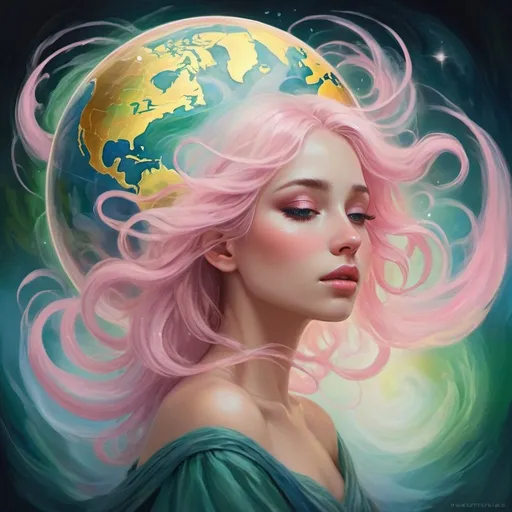 Prompt: Enchanting ethereal wisps of color, magical songs of light, whimsical phantoms, swirling clouds and mist, hues of pink, blue, green, gold, globe representing Earth, oil and acrylic on canvas, digital art, fantasy storybook cover, fairytale vibes, evocative of melancholy, blend of sadness, happiness, pain, grief, joy of life, detailed and vibrant, ethereal lighting, fantasy artist inspiration, ArtStation.