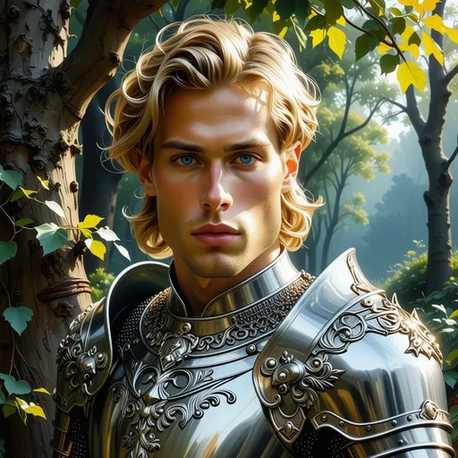 Prompt: (fantasy handsome prince), (silver armor), medieval attire, striking features, vibrant blond hair, piercing blue eyes, dynamic pose, ethereal mythical background, enchanting woodland, glowing light filtering through trees, detailed craftsmanship on armor, dramatic color contrasts, warm and cool tones, smooth brush strokes, (oil painting), ultra-detailed, captivating ambiance of bravery and nobility, masterpiece quality. Masculine, square jawline, strong jaw, manly. 