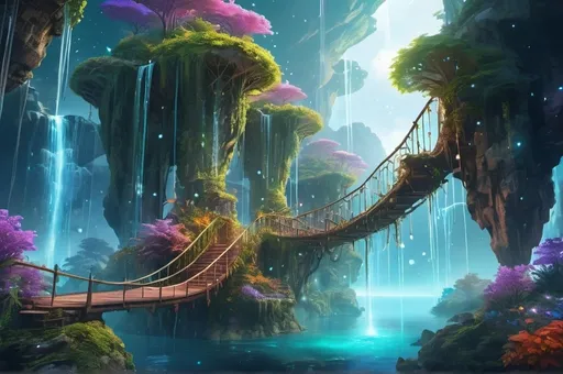 Prompt: Mystical floating islands, interconnected by intricate bridges, suspended in a sky filled with twinkling stars, unique magical plants and creatures, cascading waterfalls, ethereal atmosphere, surreal fantasy setting, vibrant colors of nature, digital art, detailed and immersive, dreamlike lighting, fantasy artist touch, ArtStation, high-resolution.