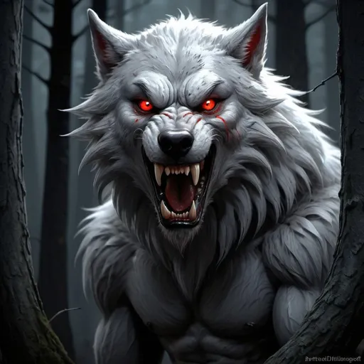 Prompt: Pale gray fur, fearsome werewolf, intense gaze, sharp fangs, menacing claws, mystical aura, dark and eerie forest backdrop, moonlit night, mysterious atmosphere, detailed fur texture, dramatic shadows, fantasy illustration, enchanting narrative feel, evocative storytelling, by Brom and Tony DiTerlizzi, Artstation. Red eyes. Feathersoft. Digital art, cartoon. 