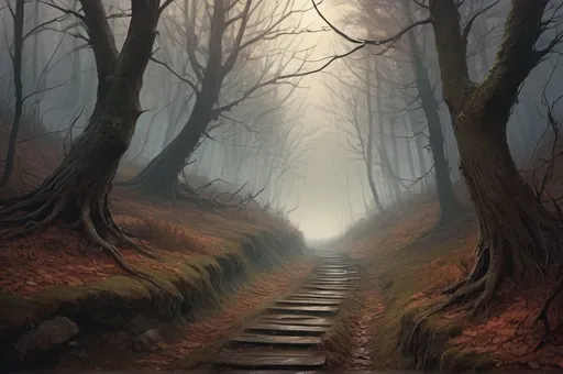 Prompt: Twisting narrow path, withered trees, fallen decaying leaves, misty atmosphere, melancholic setting, eerie ambiance, winding trail, dense forest, autumnal colors, bare branches, damp ground, earthy tones, foggy weather, somber mood, mysterious vibe, no direct sunlight, subdued lighting, nature-inspired, digital painting, detailed textures, atmospheric perspective, by Ivan Shishkin and Caspar David Friedrich, DeviantArt.