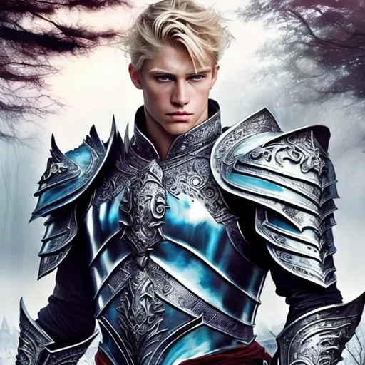 Prompt: (fantasy handsome prince), (silver armor), medieval attire, striking features, vibrant blond hair, piercing blue eyes, dynamic pose, ethereal mythical background, enchanting woodland, glowing light filtering through trees, detailed craftsmanship on armor, dramatic color contrasts, warm and cool tones, smooth brush strokes, (oil painting), ultra-detailed, captivating ambiance of bravery and nobility, masterpiece quality. Masculine, square jawline, strong jaw, manly. 