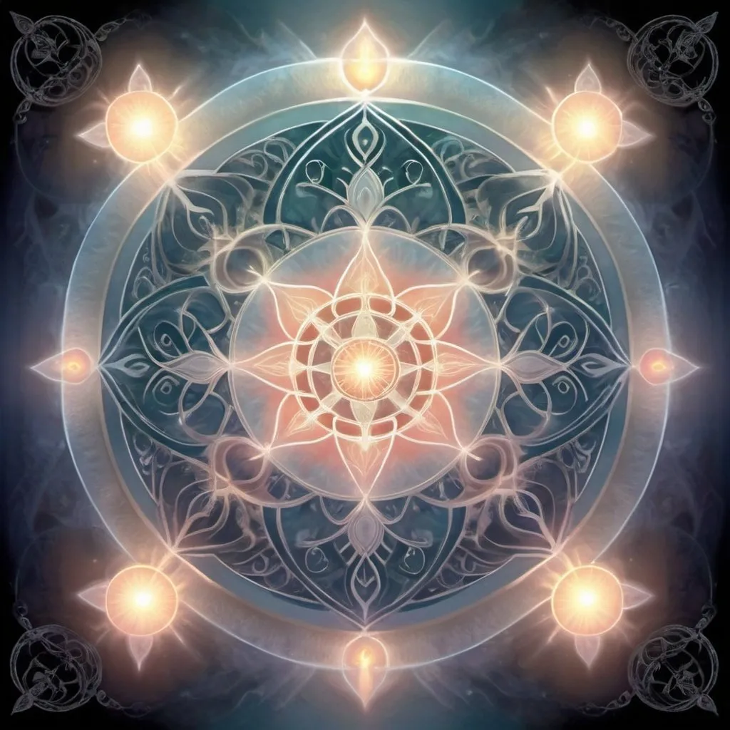 Prompt: Soft ethereal glow, celestial aura, serene spiritual atmosphere, gentle whispers of wind, divine guidance, intricate sacred symbols, harmonious balance of light and shadow, mystical incantation, intricate patterns, ethereal beings, spiritual journey depiction, symbolic elements, warm and comforting color palette, subtle and soothing lighting, digital art, intricate details, emotional depth, by fantasy artists on DeviantArt.