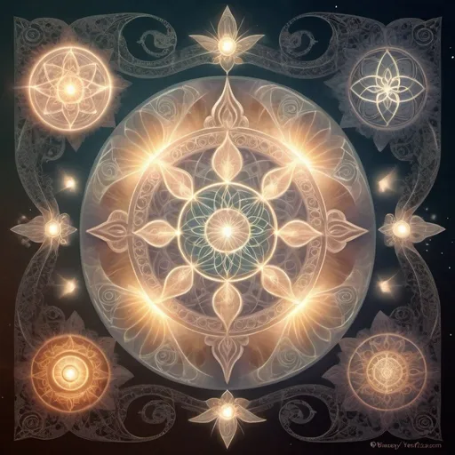 Prompt: Soft ethereal glow, celestial aura, serene spiritual atmosphere, gentle whispers of wind, divine guidance, intricate sacred symbols, harmonious balance of light and shadow, mystical incantation, intricate patterns, ethereal beings, spiritual journey depiction, symbolic elements, warm and comforting color palette, subtle and soothing lighting, digital art, intricate details, emotional depth, by fantasy artists on DeviantArt.