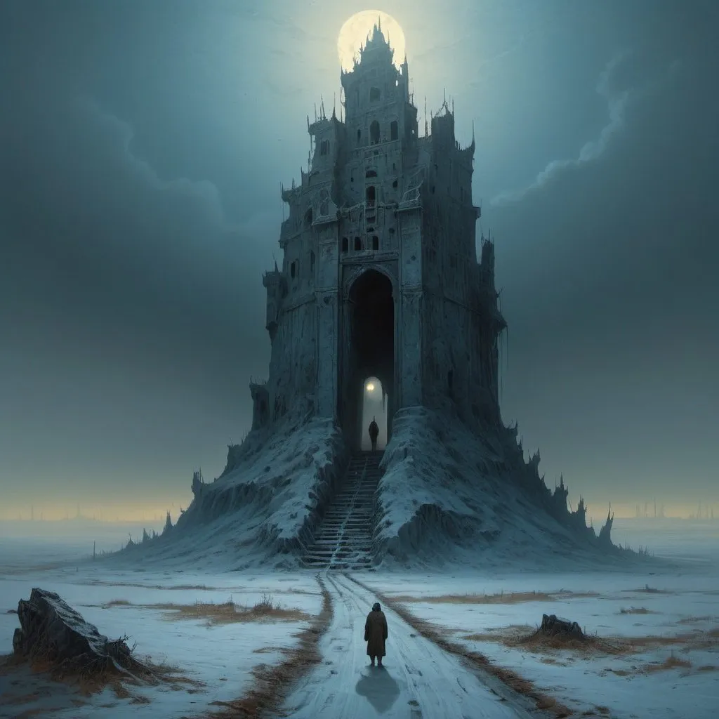 Prompt: Desolate kingdom shrouded in dust, abandoned and rusty throne, fading light casting eerie shadows, weary eyes, barren land stretching endlessly, vast sky above, lone figure in the cold, searching for a lost companion, journey through ashen landscapes, determination in solitude, hidden monsters in disguise, battle for survival, quest for reunion against all odds, resilience of human spirit, darkness intertwined with hope, digital painting with intricate details, muted earth tones, dramatic lighting, evocative atmosphere, by Zdzisław Beksiński, ArtStation. Blue and icy hues, freezing, solitary quest.