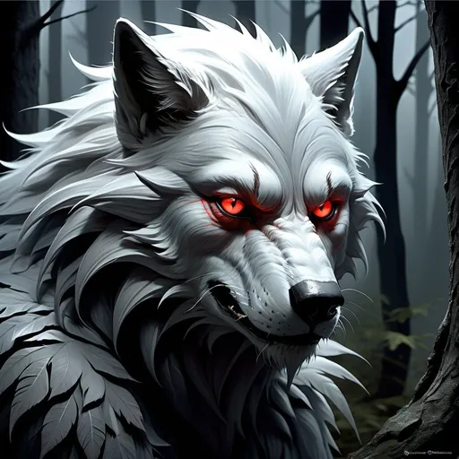 Prompt: Pale gray fur, fearsome werewolf, intense gaze, sharp fangs, menacing claws, mystical aura, dark and eerie forest backdrop, moonlit night, mysterious atmosphere, detailed fur texture, dramatic shadows, fantasy illustration, enchanting narrative feel, evocative storytelling, by Brom and Tony DiTerlizzi, Artstation. Red eyes. Feathersoft. Digital art. Smooth image, oil on canvas, acrylic art. 
