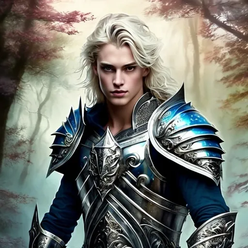 Prompt: (fantasy handsome prince), (silver armor), medieval attire, striking features, vibrant blond hair, piercing blue eyes, dynamic pose, ethereal mythical background, enchanting woodland, glowing light filtering through trees, detailed craftsmanship on armor, dramatic color contrasts, warm and cool tones, smooth brush strokes, (oil painting), ultra-detailed, captivating ambiance of bravery and nobility, masterpiece quality.