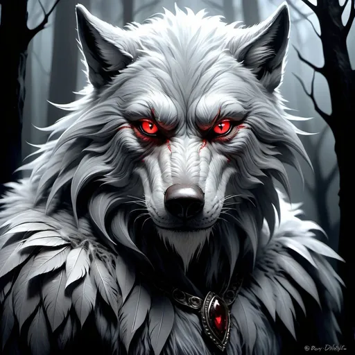 Prompt: Pale gray fur, fearsome werewolf, intense gaze, sharp fangs, menacing claws, mystical aura, dark and eerie forest backdrop, moonlit night, mysterious atmosphere, detailed fur texture, dramatic shadows, fantasy illustration, enchanting narrative feel, evocative storytelling, by Brom and Tony DiTerlizzi, Artstation. Red eyes. Feathersoft. Digital art. Smooth image, oil on canvas, acrylic art. 
