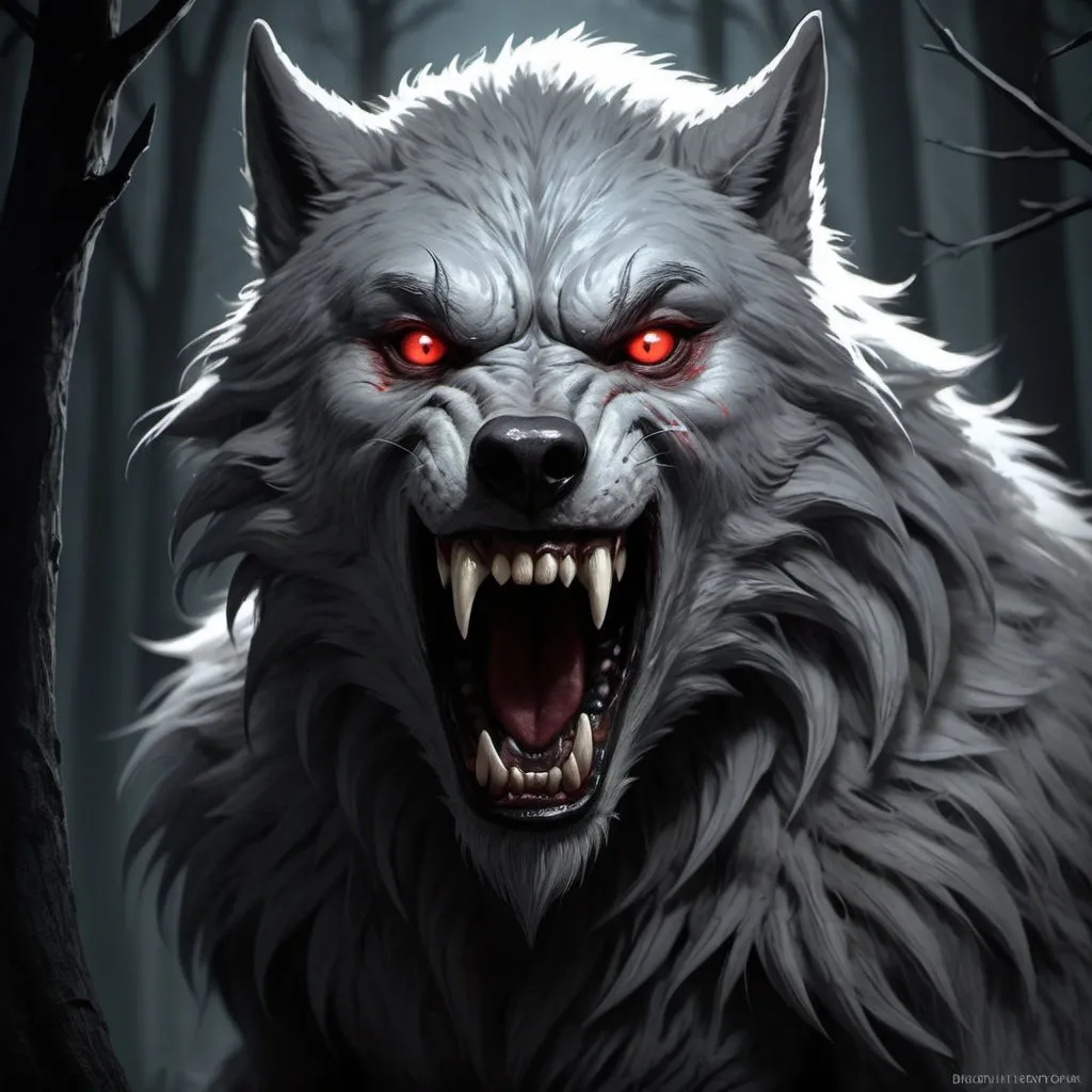 Prompt: Pale gray fur, fearsome werewolf, intense gaze, sharp fangs, menacing claws, mystical aura, dark and eerie forest backdrop, moonlit night, mysterious atmosphere, detailed fur texture, dramatic shadows, fantasy illustration, enchanting narrative feel, evocative storytelling, by Brom and Tony DiTerlizzi, Artstation. Red eyes. Feathersoft. Digital art, cartoon. 