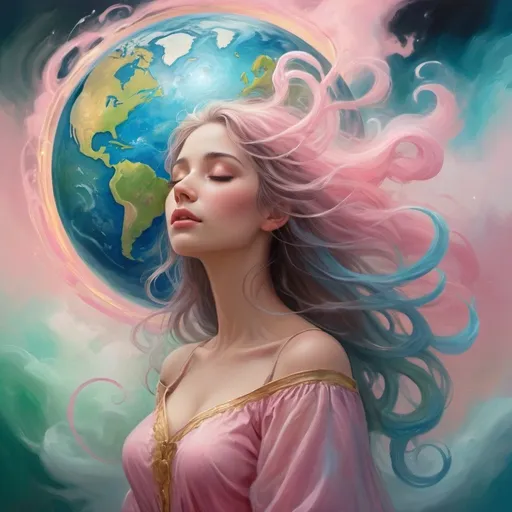 Prompt: Enchanting ethereal wisps of color, magical songs of light, whimsical phantoms, swirling clouds and mist, hues of pink, blue, green, gold, globe representing Earth, oil and acrylic on canvas, digital art, fantasy storybook cover, fairytale vibes, evocative of melancholy, blend of sadness, happiness, pain, grief, joy of life, detailed and vibrant, ethereal lighting, fantasy artist inspiration, ArtStation.