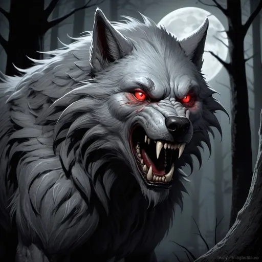Prompt: Pale gray fur, fearsome werewolf, intense gaze, sharp fangs, menacing claws, mystical aura, dark and eerie forest backdrop, moonlit night, mysterious atmosphere, detailed fur texture, dramatic shadows, fantasy illustration, enchanting narrative feel, evocative storytelling, by Brom and Tony DiTerlizzi, Artstation. Red eyes. Feathersoft. Digital art, cartoon. 