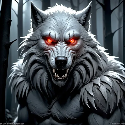 Prompt: Pale gray fur, fearsome werewolf, intense gaze, sharp fangs, menacing claws, mystical aura, dark and eerie forest backdrop, moonlit night, mysterious atmosphere, detailed fur texture, dramatic shadows, fantasy illustration, enchanting narrative feel, evocative storytelling, by Brom and Tony DiTerlizzi, Artstation. Red eyes. Feathersoft. Digital art, cartoon. 