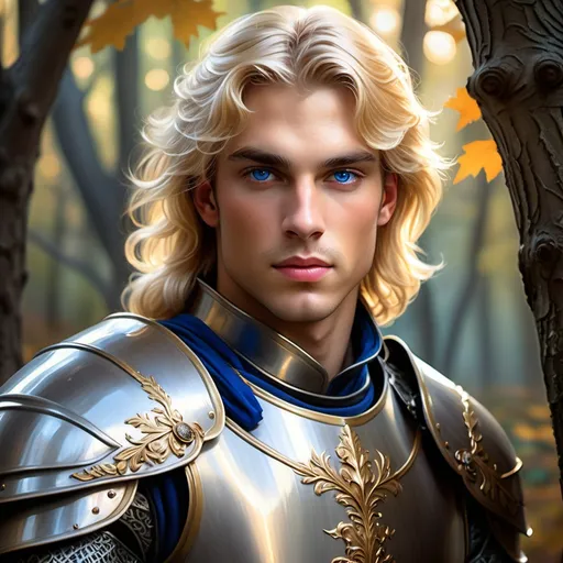 Prompt: (fantasy handsome prince), (silver armor), medieval attire, striking features, vibrant blond hair, piercing blue eyes, dynamic pose, ethereal mythical background, enchanting woodland, glowing light filtering through trees, detailed craftsmanship on armor, dramatic color contrasts, warm and cool tones, smooth brush strokes, (oil painting), ultra-detailed, captivating ambiance of bravery and nobility, masterpiece quality. Masculine, square jawline, strong jaw, manly. 