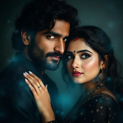 Prompt: A striking portrait captures a couple standing close together, their expressions conveying a blend of intimacy and confidence. The man, with dark, curly hair and a playful yet intense gaze, leans slightly towards the camera, while the woman, adorned with a small bindi and a nose ring, gazes thoughtfully into the distance, her expression serene. She wears a traditional black outfit with intricate patterns that contrast beautifully with the muted background. The cool-toned backdrop, with hints of blue, adds a dreamy atmosphere, while the overlay of digital elements, including a timestamp, hints at a contemporary feel. This composition invites viewers into a moment frozen in time, suggesting a story filled with emotional depth and connection.