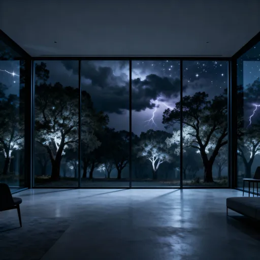 Prompt: Por favor, hazme una habitación sombría con muchas ventanas de vidrio, ¡haz que se vea moderna! Quiero que el exterior tenga muchos árboles, pero asegúrate de que estén iluminados por las estrellas. Me gustaría que el clima fuera atronador. Haz que parezca sacado de una película
