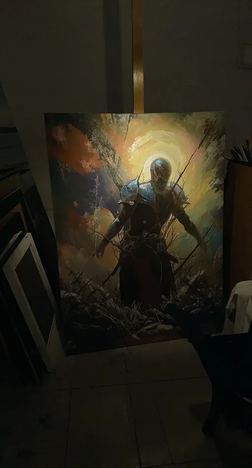 Prompt: A large painting leans against a wall in a dimly lit, somewhat cluttered studio space, revealing a dramatic scene filled with intricate details. The artwork depicts a figure in a partially obscured, battle-ready stance, wearing armor and poised among a chaotic foreground of natural elements like rocks and foliage, suggesting motion and tension. The background features vibrant colors, blending warm yellows and browns with cooler tones that hint at a forest or outdoor setting, illuminated as if by a mysterious light source. Paint drips and unfinished sections contrast with the richly painted elements, adding a raw, textured quality to the composition while creating an intriguing narrative tension between chaos and order. Surrounding the artwork, stacks of frames and art supplies indicate a creative environment, enhancing the overall atmosphere of artistic pursuit.