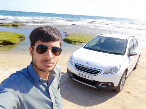 Prompt: این تصویر برام کنار ماشین پژو پارس سفیدقرار بده که لب ساحل ایستاده و عینک آفتابی به چشم داره