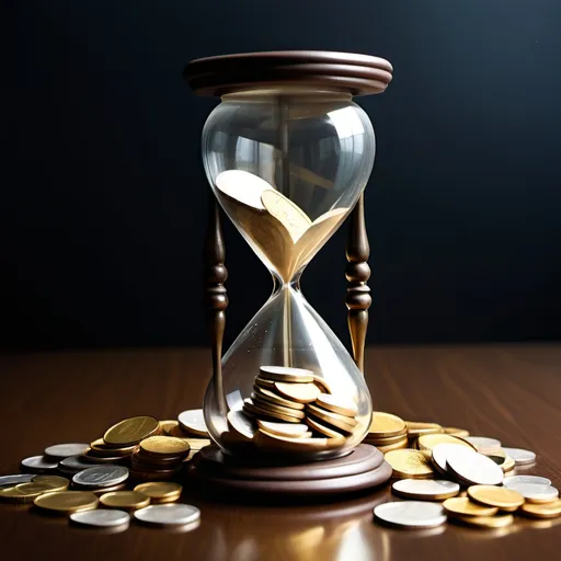 Prompt: Use an hourglass with coins spilling out, symbolizing the passage of time in history and the value of currency over time.