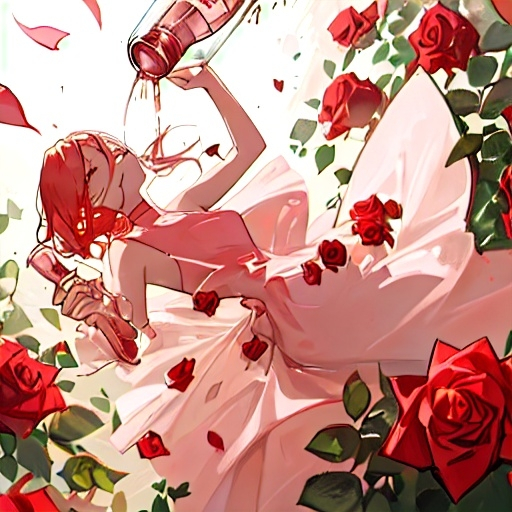 Prompt: roses falling from hand with a bottle of rose wine in the background