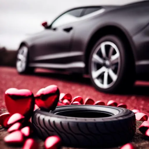 Prompt: car and tyres on valentine day, love is in the backgruond