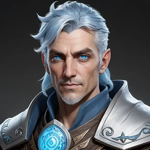 Prompt: 44 year old male wind genasi warlock fighter blue eyes, silvery blue gradient hair, blue skin