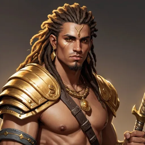 Prompt: 26 year old male earth genasi barbarian cleric golden eyes, golden dreads, tan skin