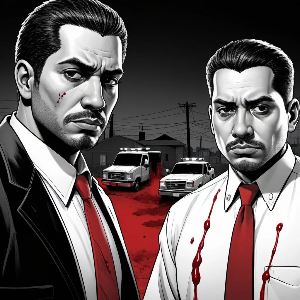 Prompt: black and white cover art with blood-red accents for a webcomic in a noir-style thriller story about two 30-year-old latino crime scene investigators working on a dangerous serial killer case 