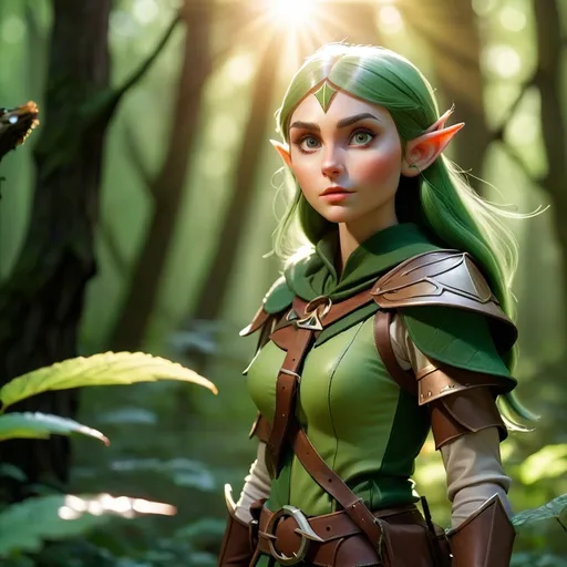 Prompt: Elf ranger in a mystical forest around sunlight