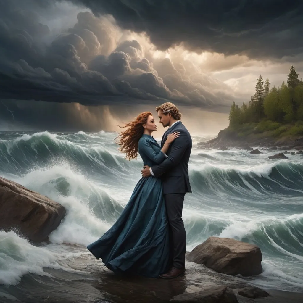 Prompt: Create a captivating scene capturing the tumultuous tides of change sweeping through Willow Creek. Depict Alexander and Evelyn standing together against a backdrop of roiling waves and stormy skies, their love serving as an anchor amidst the turmoil. Use bold colors and dynamic imagery to convey the sense of upheaval and transformation that defines this pivotal moment in their journey. in 8k
