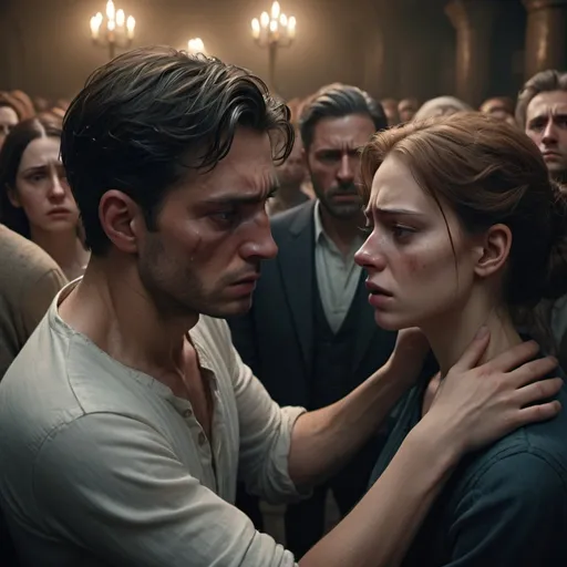 Prompt: Sorrowful scene in 8k, Alexander is been beaten and Evelyn being pulled apart by a crowd and their hands are separated and they are watching each other by looking behind , Sebastian delighting in the separation, detailed expressions of sadness, dramatic lighting, high resolution, realistic, emotional, separation, sorrow, 8k, detailed facial expressions, intense lighting, dramatic composition