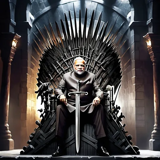 Prompt: Narendra Modi sitting on iron thrones of game of thrones with sword in his hand