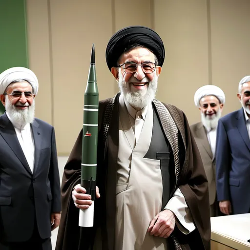 Prompt: Ayatollah Khamenei with missile on his back and smile on his face