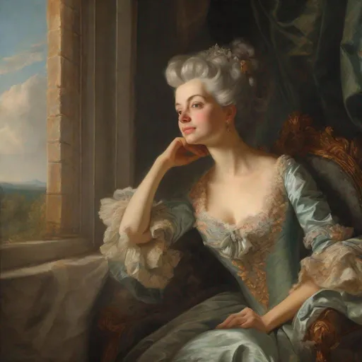 Prompt: Rococo era portrait of a woman, oil painting, luxurious clothing dreaming looking out Castle window