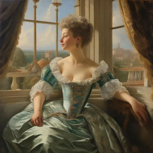 Prompt: Rococo era portrait of a woman, oil painting, luxurious clothing dreaming looking out Castle window