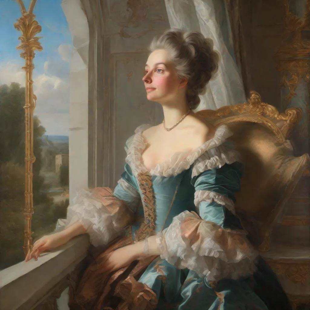 Prompt: Rococo era portrait of a woman, oil painting, luxurious clothing dreaming looking out Castle window