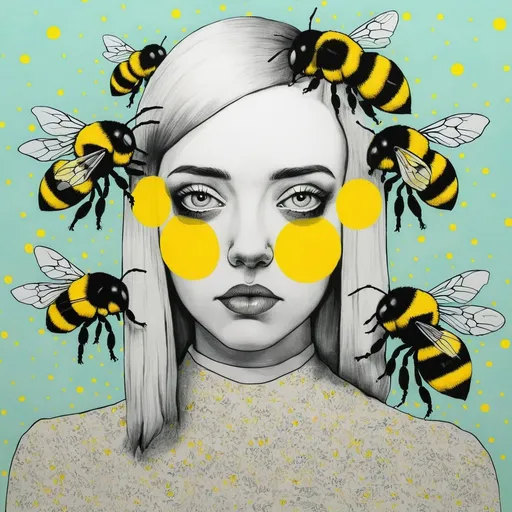 Prompt: Pop art, women with bumblebees head 
