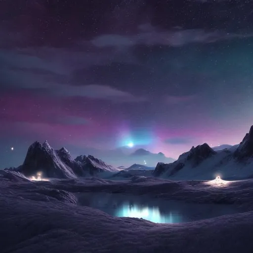 Prompt: a landscape by night, with polar light which form a unicorn 