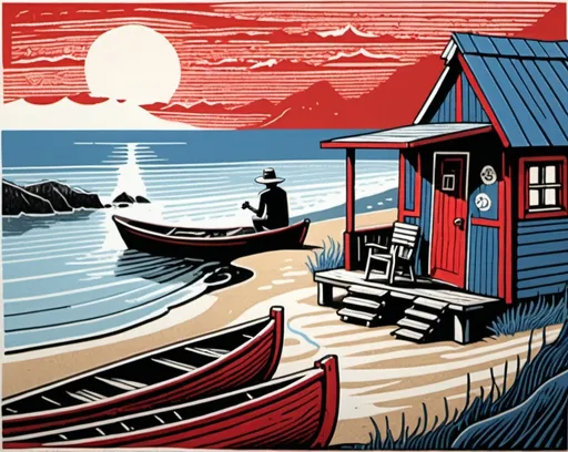 Prompt: Linocut, J Borges style, of a man wearing a hat playing the guitar on a fishing hut by the sea, with a boat nearby. Add details with red and blue