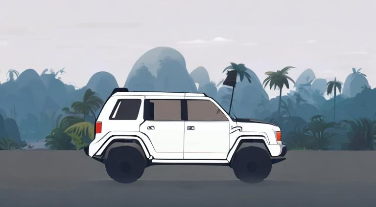 Prompt: a white rattletrap cartoon SUV in front of jungle
