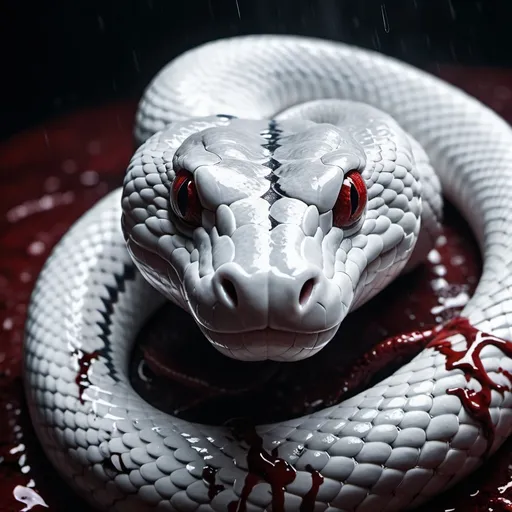 Prompt: (White Snake) (front view) (moving towards the camera) (raining blood)