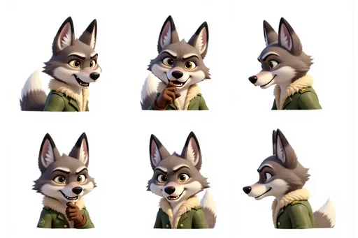 Prompt: 3D cartoon anthropomorphic wolf officer 26a07b4e with gray and white fur, bushy tail, green coat with fur trim, brown boots and gloves A composition featuring six different facial expressions of the character, from shoulders up, arranged in a grid pattern on a white background. The expressions include: Laughing: Wide smile, eyes crinkled, exuberant joy. Crying: Tears streaming, furrowed brows, open mouth. Angry: Furrowed brows, clenched teeth, intense gaze. Shy: Slight blush, eyes averted, small smile. Surprised: Raised eyebrows, wide eyes, open mouth. Scared: Wide eyes, open mouth, tense facial muscles. Character details remain consistent across all expressions with shoulders visible to frame the face. Each expression is clear and easily recognizable against the clean white background.