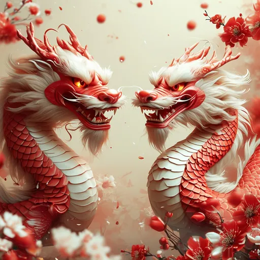 Prompt: chinese new year background, dragons and red color