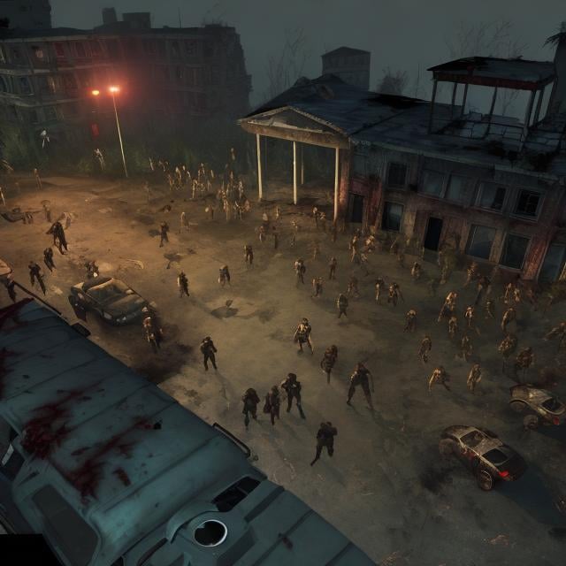 Prompt: zombie apocalypse with mutated, survivors, raiders, police, blood, ruins, shelter